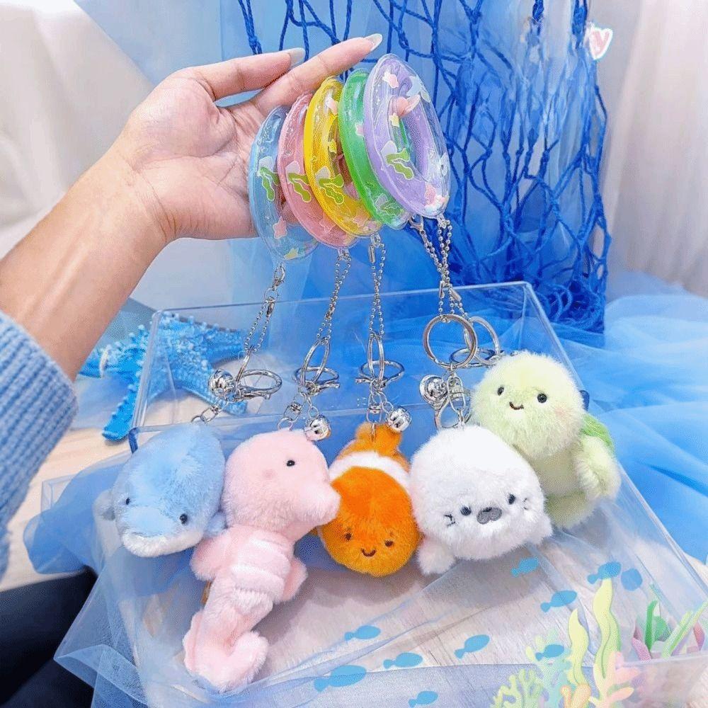 Soft Ocean Animal Plush Keychain Kawaii Dolphin Plush Doll Fluffy Sea Turtle Keyring  Birthday Gift