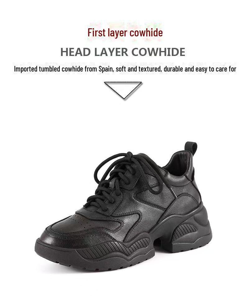 Zapatos de Papá de Suela Gruesa de Cuero Genuino Negro para Mujer Otoño/Invierno 2025: Versátil, Elegante y Casual.