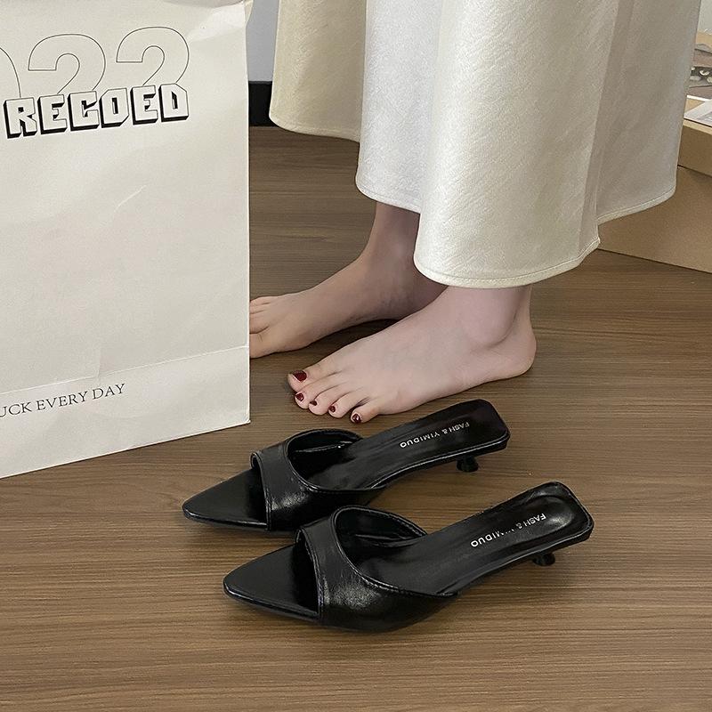 New High Heels Heel Pointed 2025 Summer French Slippers Women's Thin Heels Open Toes Low Outside Wearing Cool Slippers Women
