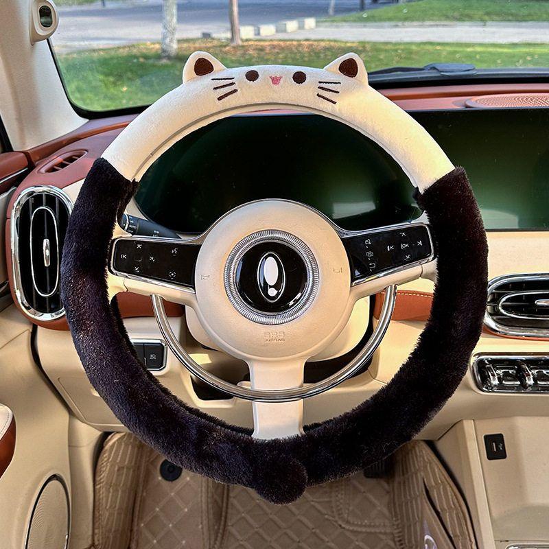 

Women s Car Steering Wheel Cover Winter Cute Cat Car Handle Cover Plush Warm Comfortable Non-Slip Car Handle Cover Rabbit Fur 3D Cat Black Steering Wheel Cover 38 cm