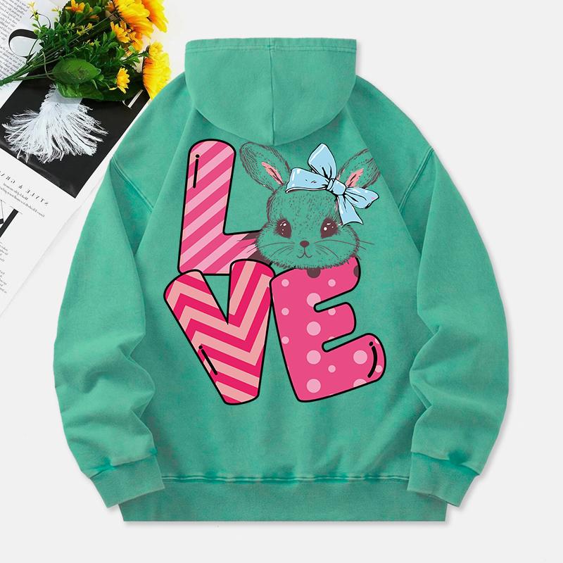 Cute Rabbit Washed Hoodie Womens Love Letter Printed Cotton Clothes Distressed Pocket Oversize Womans Streetwear