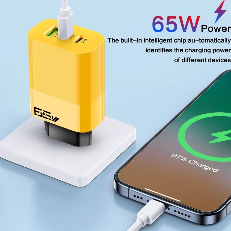 Fast Speed 65W Power Delivery Charger Head With Double Type C+USB A Port Lightweight Travel Friendly Adapter