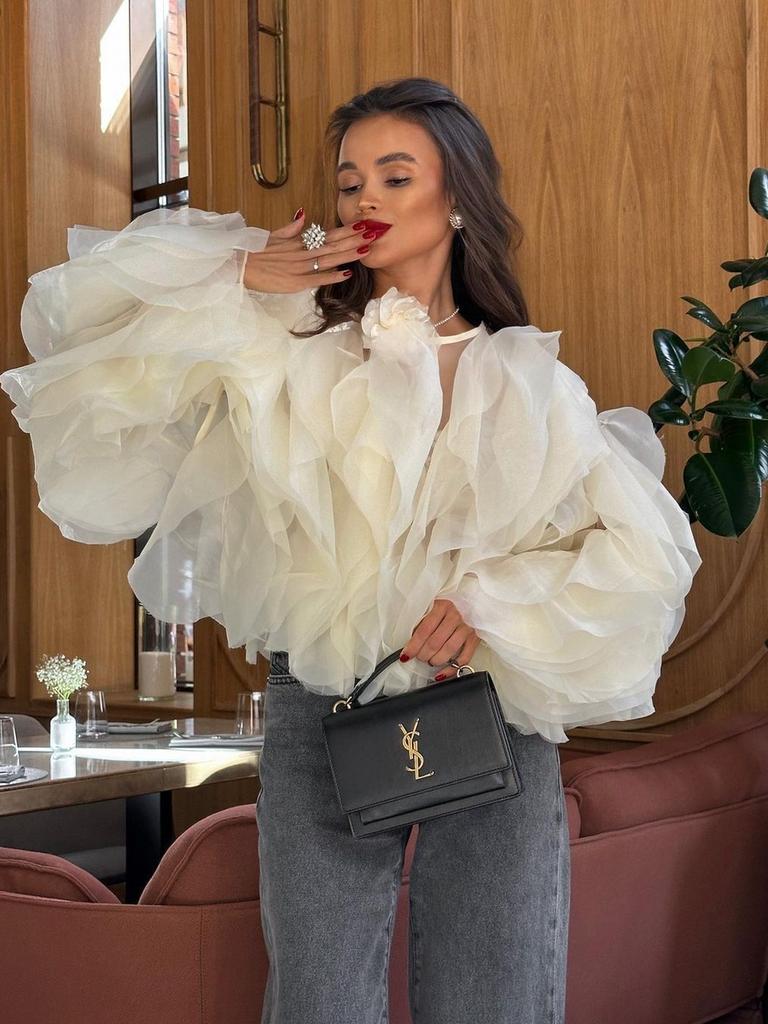 Round Neck Pullover Multi-Layer Ruffles Trim Women's Shirt Long Sleeve Short Style Round Collar Ear Edge Fashion Top for Women