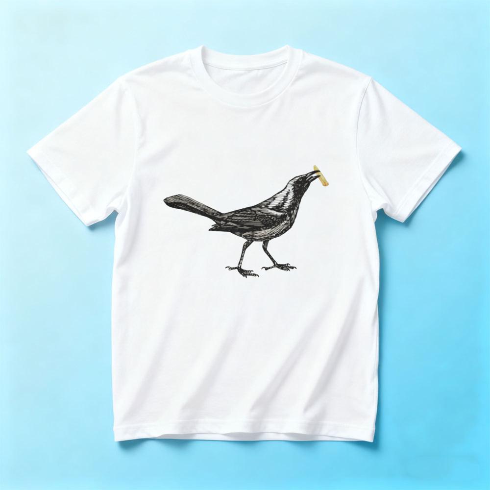 Funny Crow With French Fry Graphic Tshirt Unisexs Casual White Vintage Sketch Bird Print Short Sleeve Cotton Tee Quirky Streetwear