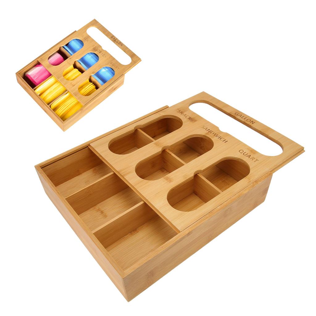 Food Storage Bag Container Bamboo Polished  Drawer Design Food Bag Storage Box for Kitchen Home