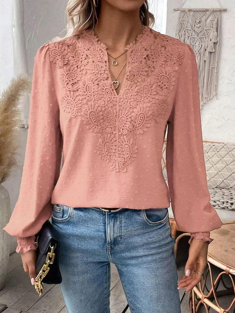 2024 Women's V-Neck Lace Solid Color Long-Sleeve Casual Top for Autumn and Winter.