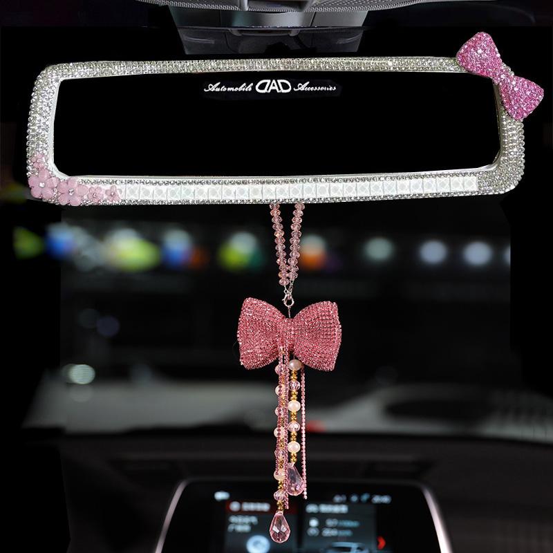 Fashion Rhinestone Bowknot Car Interior Mirror Decor Women Crystal Diamond Rear Mirror Ornament Car Mirror Accessories