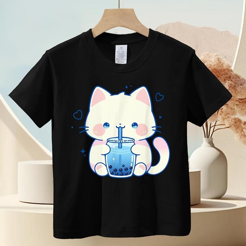 Children Crew Neck Short Sleeve T-Shirt with Cartoon Cat Drinking Drink Print 110