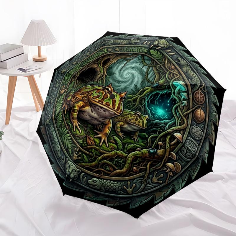 Jungle Frog Forest pattern umbrella, portable and foldable design, 8 ribs, a casual accessory for Halloween, Christmas, and birthday gifts.