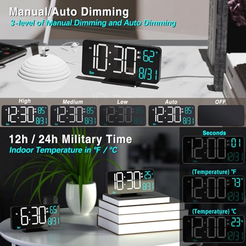 Ceas Digital KOSUMOSU pentru Dormitor, Ceas Deșteptător Digital Mic de 6,7 inch, Negru, Dimabil, 12/24 Ore, Dată, Ziua Săptămânii, Temperatură Interioară, Clasă
