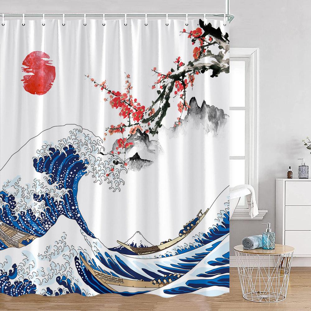 Japanese Style Shower Curtains Fuji Mount Great Waves Bamboo Red Sun Bathroom Curtain Japan Fabric Home Decorations For Bathtub