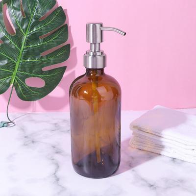 Botella de Vidrio Marrón Vacía 500ml con Bomba de Acero Inoxidable Dispensador Recargable para Champú Gel de Ducha Jabón Líquido Loción de Viaje