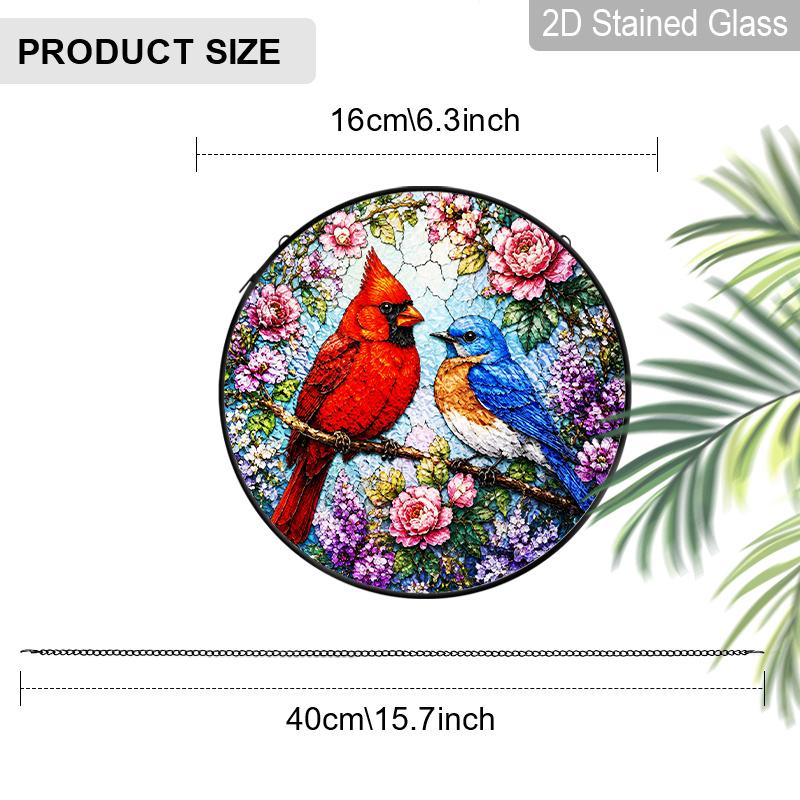 1pc 2D Flat Cardinal Stained Glass Suncatcher, 6.3/7.87 Inch Wildflower Cardinal Suncatcher Stained Glass Window Hanging Decor, Flower Sun Catcher 6.3inch