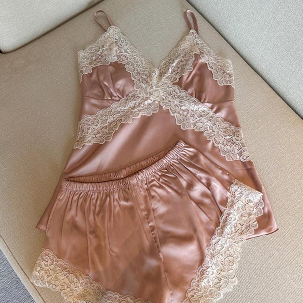 Plus Size Women's Ice Silk Lace Trim Camisole and Shorts Pajama Set - Spring/Summer 2026 Collection