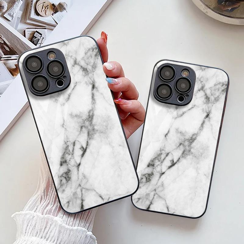 White Marble Texture for iPhone17ProMax Metallic Paint Glass Mobile Phone Protective Case All-inclusive Fine Holes