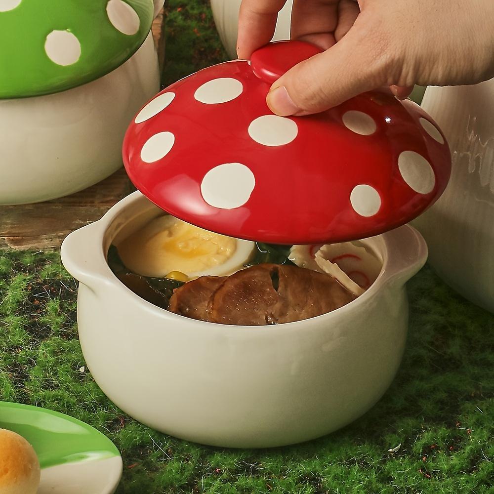 1pc Charming Red Mushroom-Shaped Ceramic Soup Bowl with Handle and Lid , Ideal for French Onion Soup, Pot Pies, Cereals