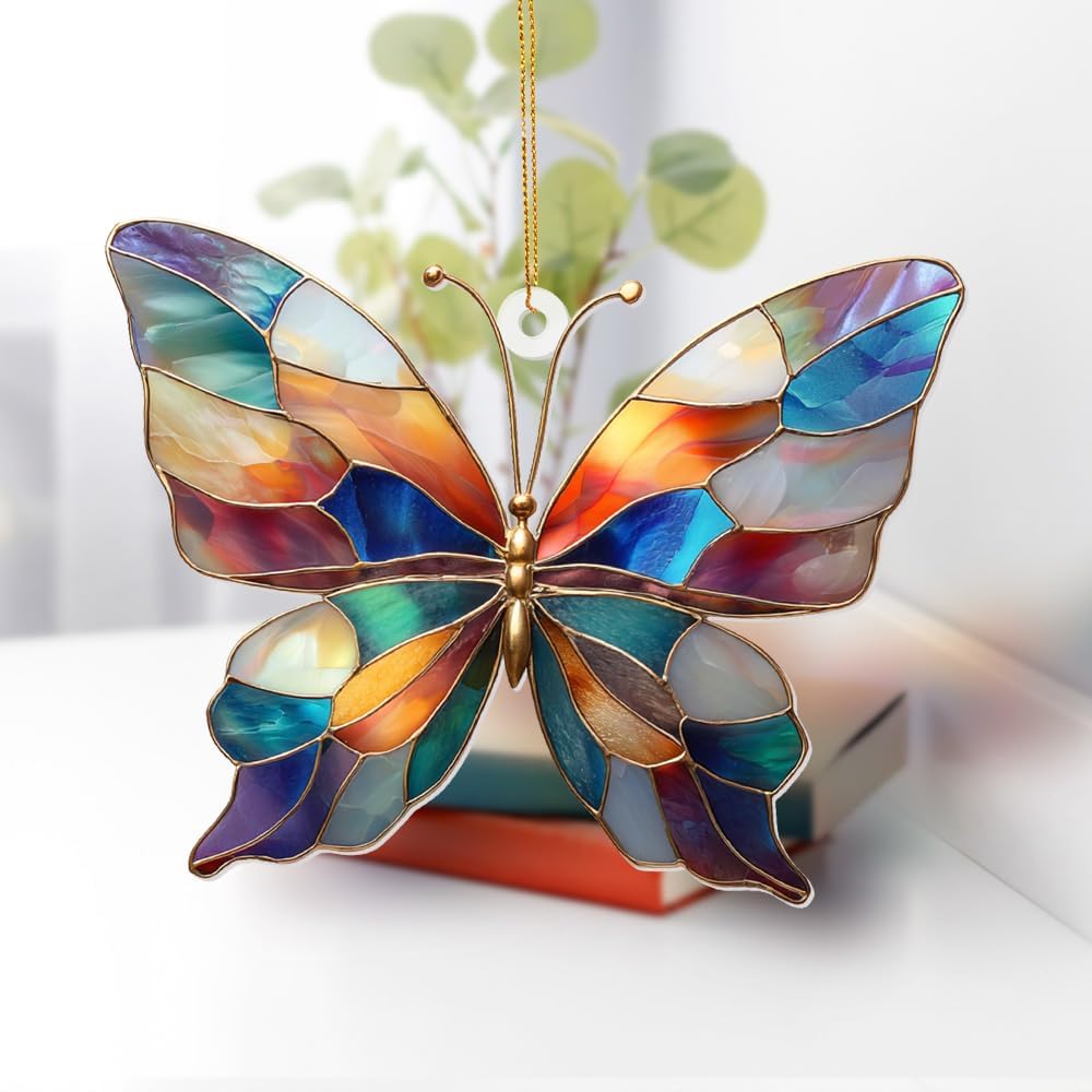Stained Glass Butterfly Ornament Acrylic – Colorful Suncatcher Window Hanging Glass Butterfly Decoration for Christmas Tree