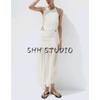 Summer New Product Women's Clothes Minimalist Linen Blend Ruched Decoration Patchwork Mid Waist Midi Dress 4661441