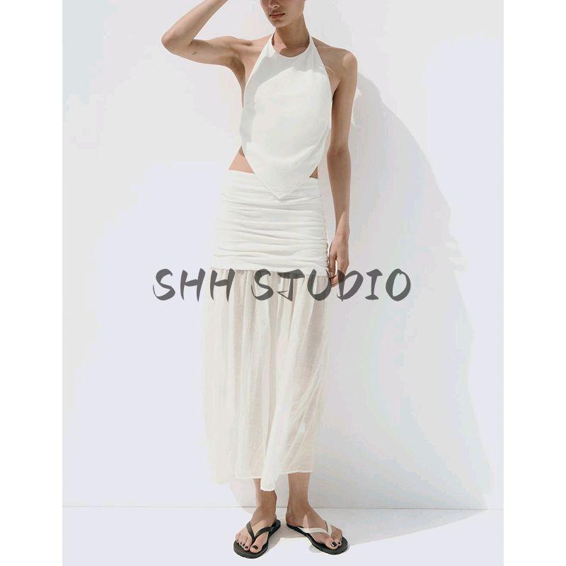 Summer New Product Women's Clothes Minimalist Linen Blend Ruched Decoration Patchwork Mid Waist Midi Dress 4661441