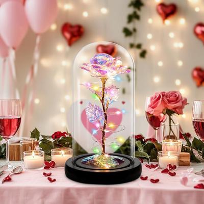 Eternal Rose In Dome with LED Light Romantic Light Up Artificial Rose Gift for Mom Wife Girlfriend Grandma Anniversary Birthday Valentine's Day