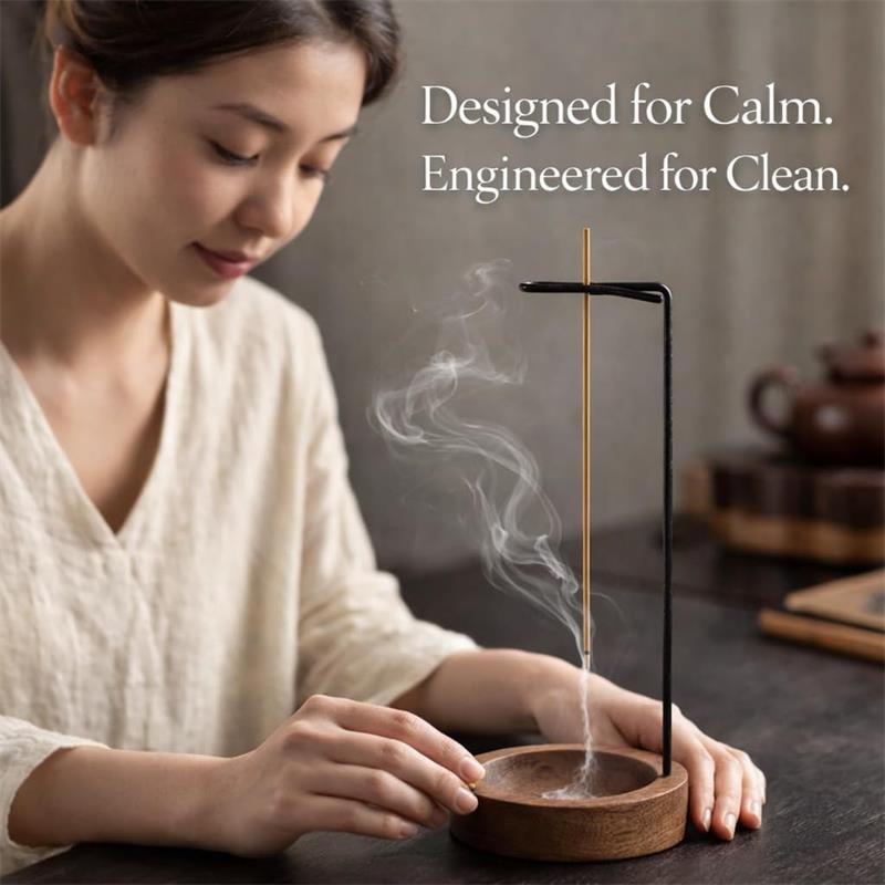 Upside Down Incense Stick Holder with Ash Catcher Bowl, Wooden and Metal Hanging Incense Burner, Clean Ash Collecting Design
