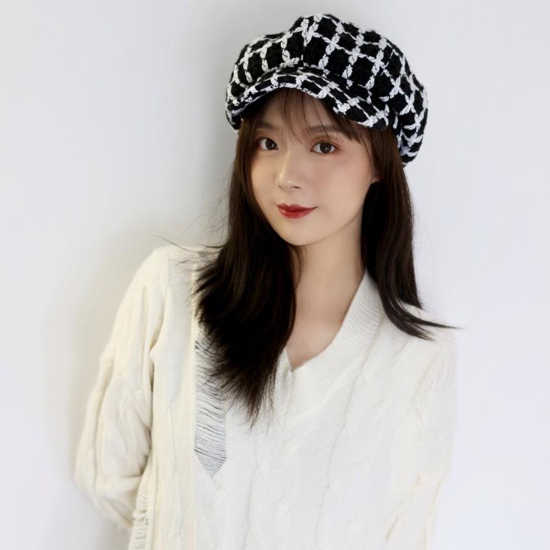 Xiaoxiangfeng Black And White Plaid Tweed Cap Female British Retro Beret Octagonal Hat Newsboy Hat