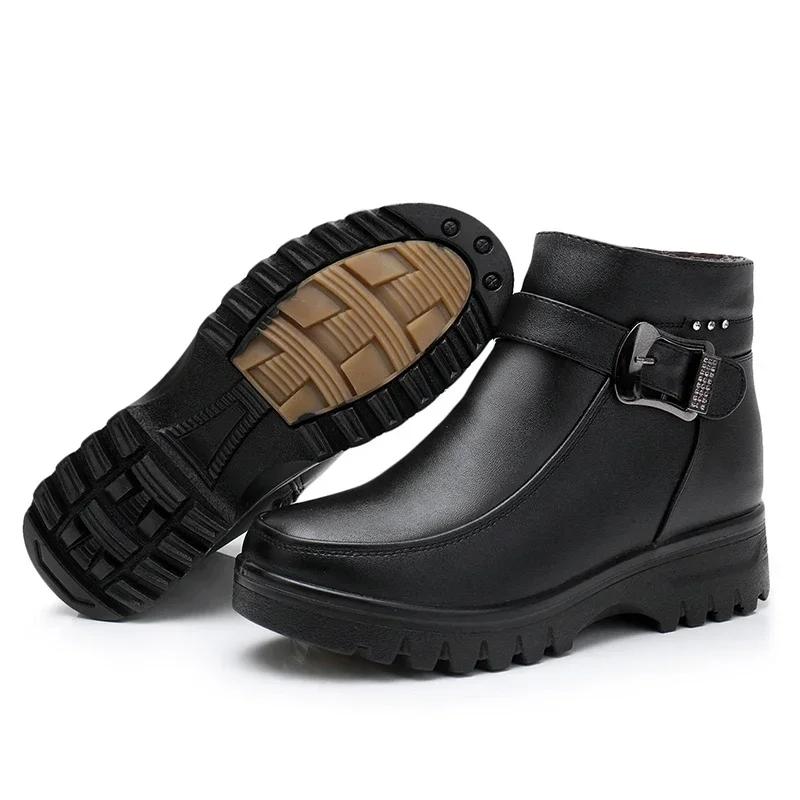 Fashion Winter Women Genuine Leather Ankle Boots Female Thick Plush Warm Snow Boots Mother Waterproof Non-slip Booties