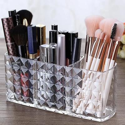 Transparante Acryl Opbergdoos met 3 Vakjes voor Cosmetica met Diamantpatroon - Make-up Pen Organizer & Bureauhouder voor Wenkbrauwpotloden