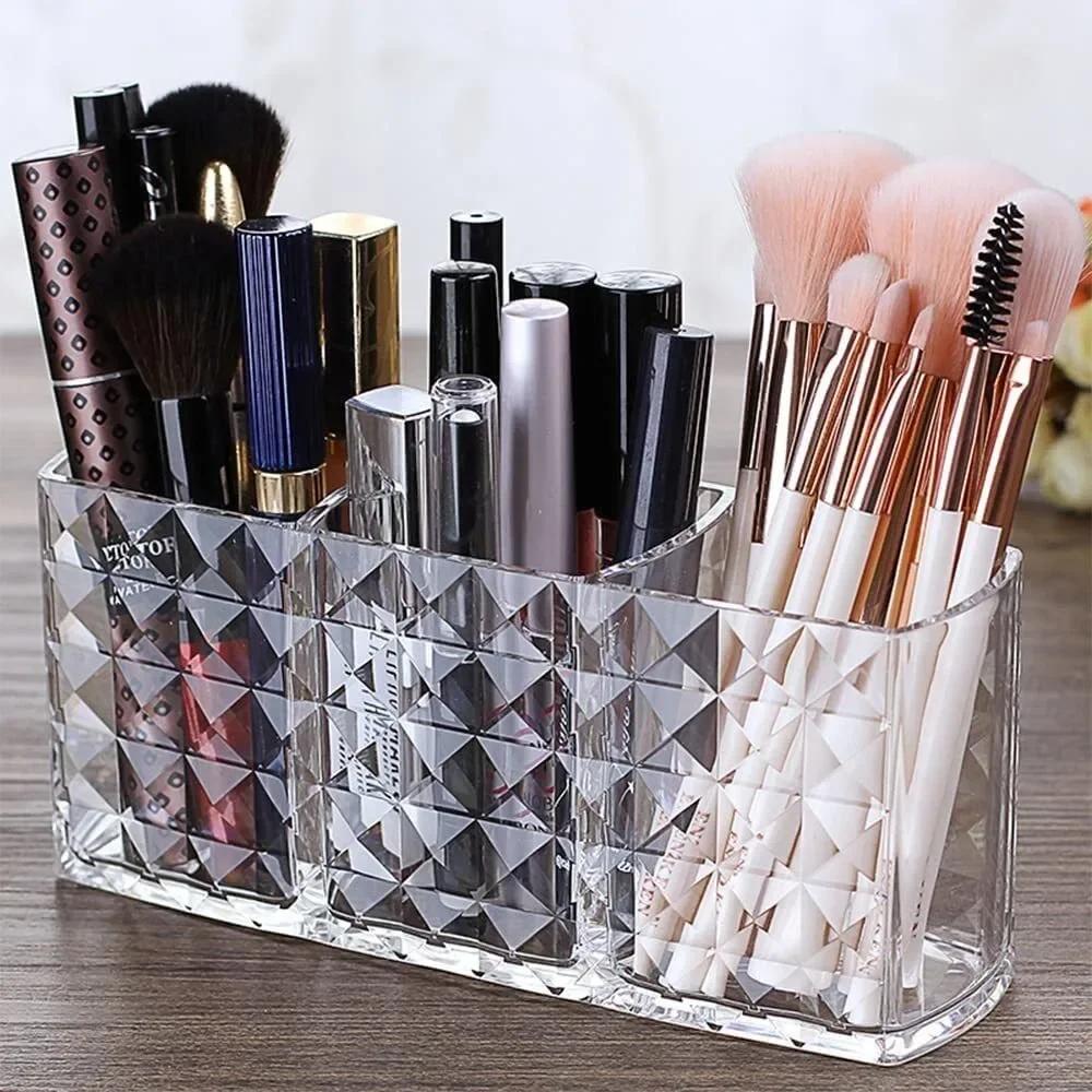 Acrylic Transparent 3-Grid Cosmetic Storage Box with Diamond Pattern - Makeup Pen Organizer & Desktop Eyebrow Pen Holder