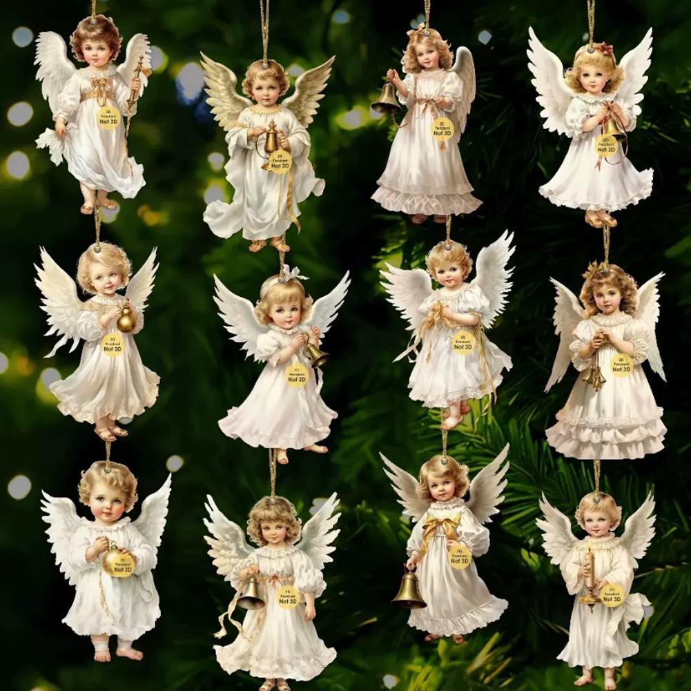 12Pcs Wooden Christmas Ornaments Set Christmas Tree Decoration Angel Ornaments Hanging Decor Pendants Xmas Party Decoration Gift