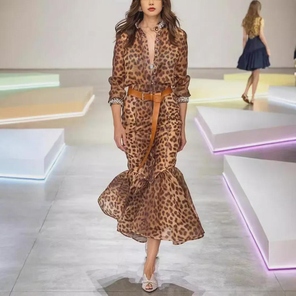 "2024 Europäisch-Amerikanisches Herbst-Leopardenmuster-Diamant-Revers-Hemd mit High-Waist-Fischschwanz-Rock-Anzug"