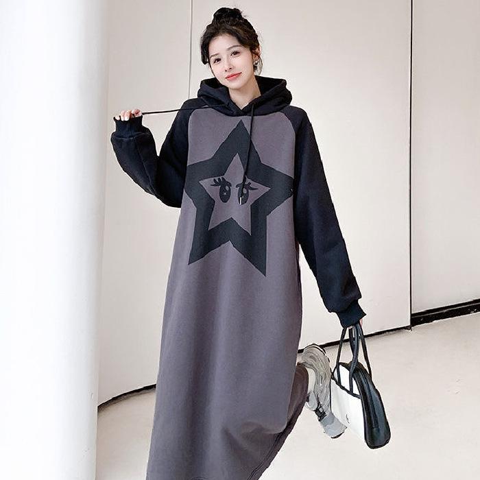 Women's Fashion Fall Winter Star Print Long Sleeve Hooded Loose Waistline Casual Dresses
