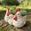 Three Chicken Coop Family Flower Pot, White Resin Desktop Decoration,Farmhouse Style Planter for Succulents and Small Plants