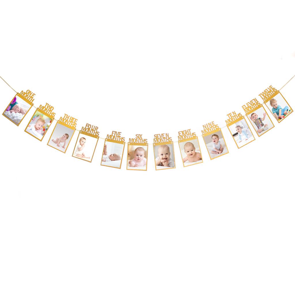 Kindergeburtstagsfeier, Dekoration des Veranstaltungsortes für die Erstjahresfeier, Fotos Januar-Dezember, Flaggen, Fotorahmen, Banner