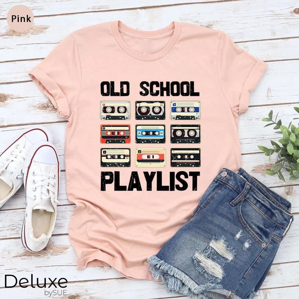 Old School Playlist Retro 90s Music Print T-Shirt Short Sleeve Casual Spring & Summer, Women's Clothing casual basics O-collar