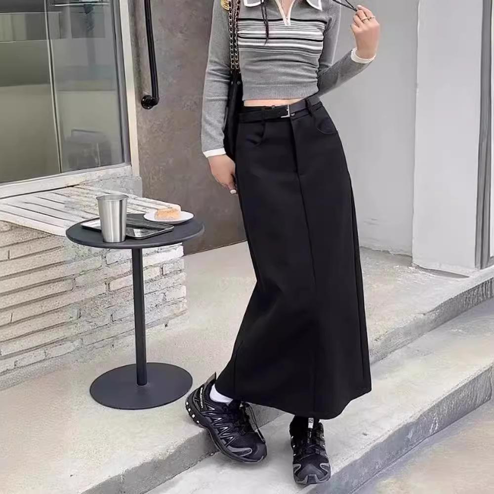 Gray High-Waist Slim Straight Skirt for Women - Versatile Retro Mid-Length Spring/Summer Hip Skirt