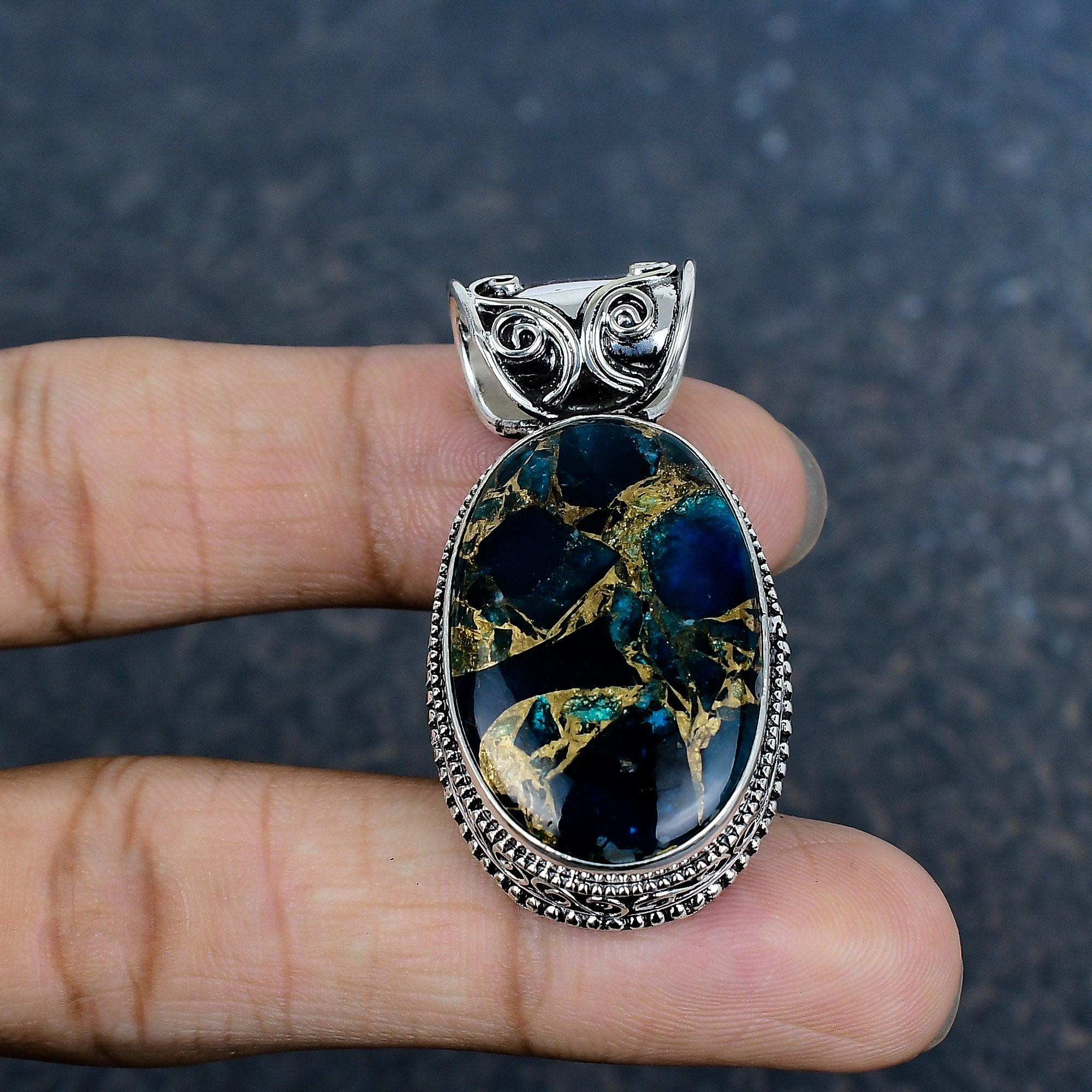 

Copper Apatite Handmade Gemstone Pendant, 925 Solid Sterling Silver Pendant Antique Jewelry, For Engagement Gift 1.77 Inches