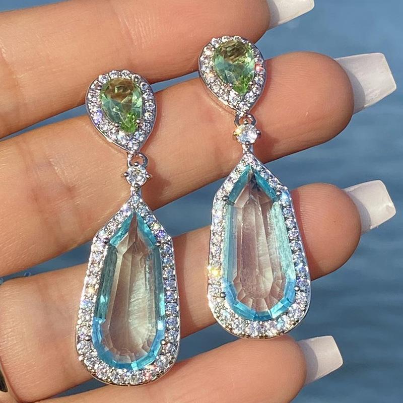 Earrings, Niche Design Sea Blue Zircon Wedding Earrings, Chic Bridal Dinner Earrings