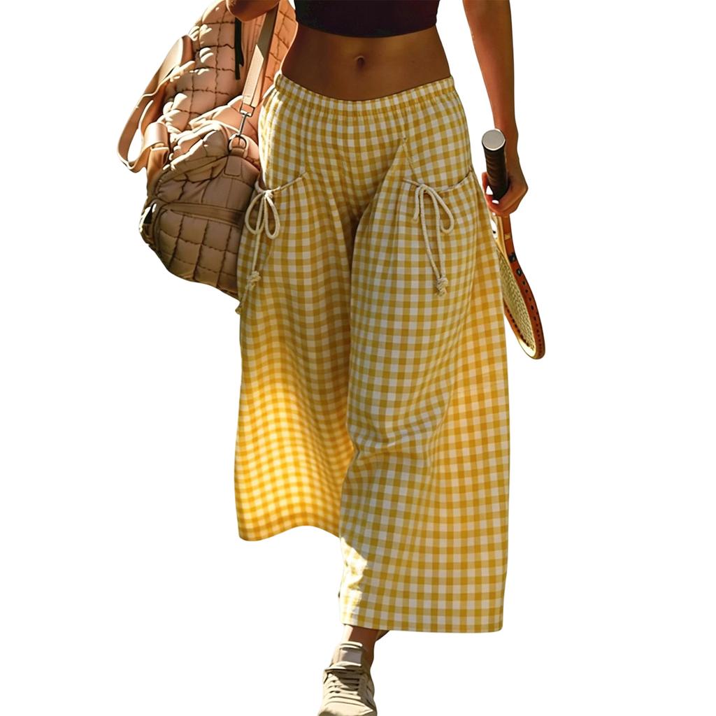 Pantaloni a quadretti da donna a vestibilità larga con vita con coulisse e gamba rilassata, pantaloni casual a gamba larga per l'uso quotidiano