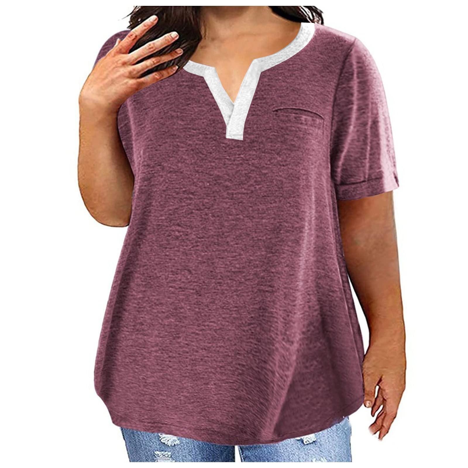 

Women s Large Size T-Shirt Casual Color V-Neck Short Sleeve Pocket Top XXXXXL