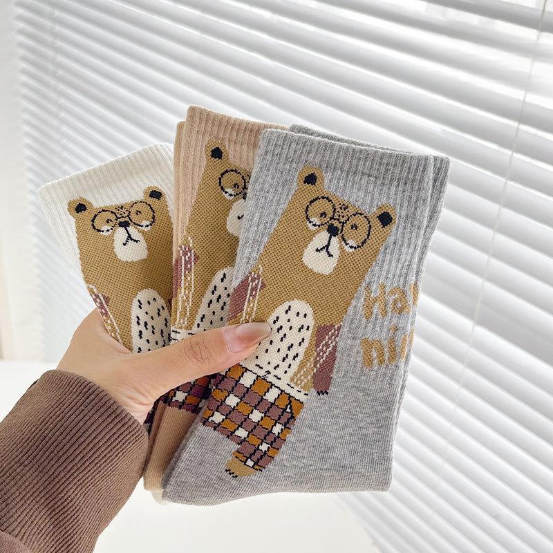 Ladies' Socks, Cute Glasses, Bear Cartoon, Boneless Cotton Socks, Mid-calf Socks