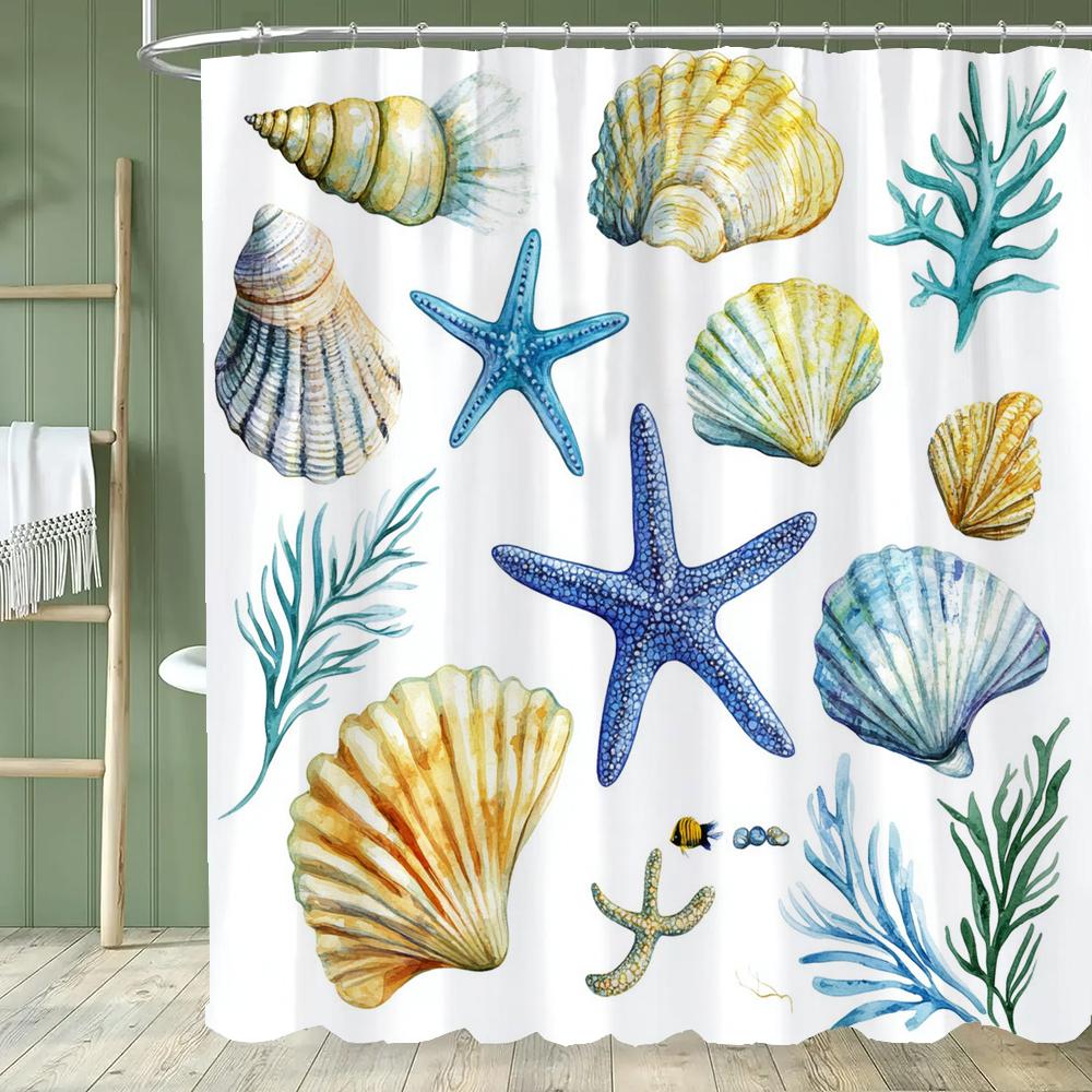 Cute Cartoon Ocean, Starfish, Shells Dolphin Printed Shower Curtain With Hooks, Bathroom Curtain, Bathroom Decor Window Curtain