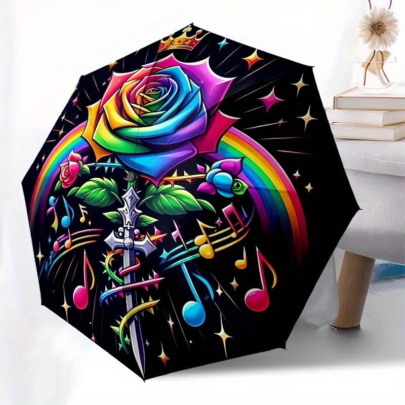 1pc Rainbow Rose with Crown and Music Notes Umbrella with Plastic Handle,Suitable for All Seasons Home Travel Outdoor UmbrellaB1909
