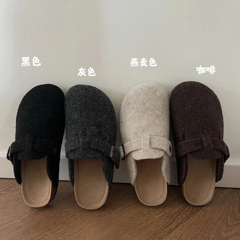 Baotou half slippers women wear popular Internet celebrity woolen flat cork Birkenstocks