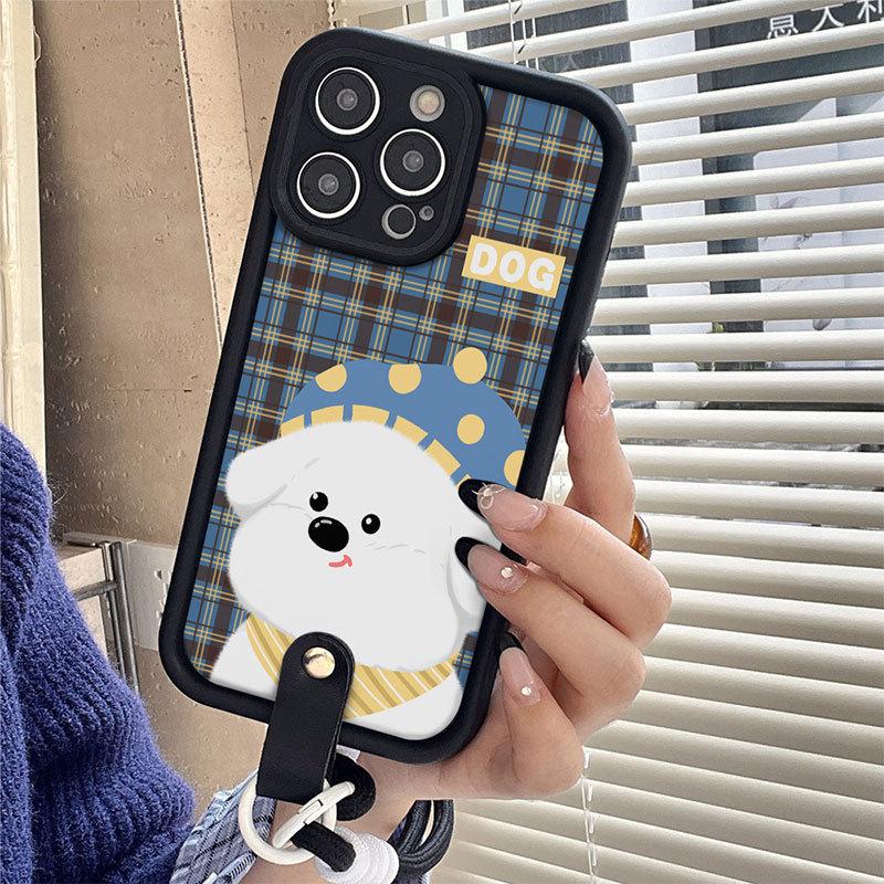 

New Checked Puppy Soft Shell Suitable for Apple 16promax Mobile Phone Case Lanyard Iphone15 14 Protection Case Apple 12PROMAX