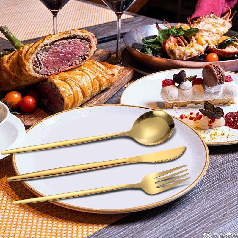 Gold Portuguese Stainless Steel Cutlery Set: Knife, Fork, and Spoon - 4-Piece Western Tableware.