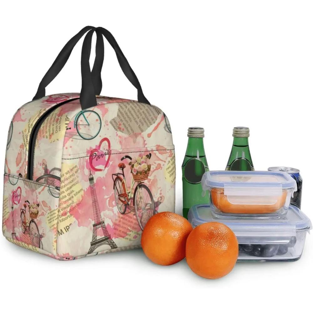 Eiffelturm Lunchtaschen Vintage Zeitung Lunchbox-Taschen Fahrrad mit Blumen für Frauen Waschbare Lunchbehälterbox
