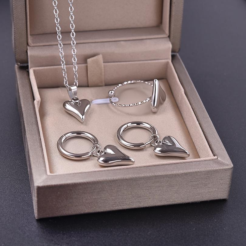 100% Stainless Steel Heart Jewelry Set For Women Accessories Cute Girl Supplies Love Earrings/Rings/Necklace Fashion Party Gift