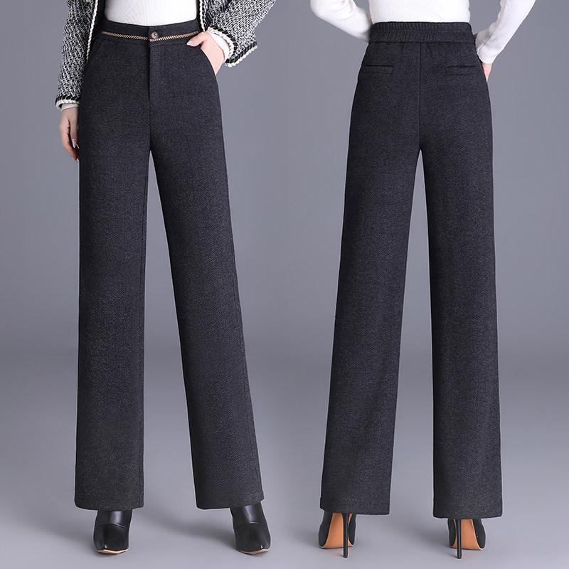 Women's Woolen High-Waisted Wide-Leg Pants - Versatile Spring/Autumn Style, Thickened with Elastic Back, Straight-Leg Trousers
