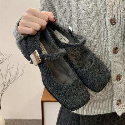Mary Jane Mao Mao Shoes Women's Winter Outer Wear New French Retro Woolen Thick Heel Shoes Women's Fleece-lined High Heels